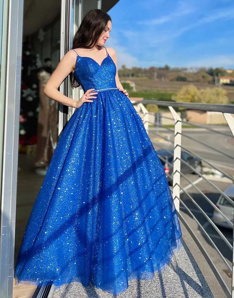  Sparkly A-line Spaghetti Straps Long Prom Dresses