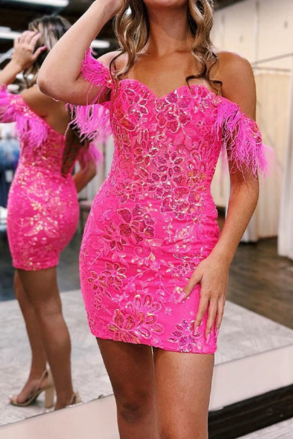  Bodycon Lace Feathers Off-the-Shoulder Short with Sequin Appliques Homecoming Dresses