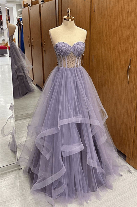 Strapless Beaded Ruffle-Layers Tulle Long Prom Dresses