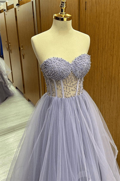 Strapless Beaded Ruffle-Layers Tulle Long Prom Dresses
