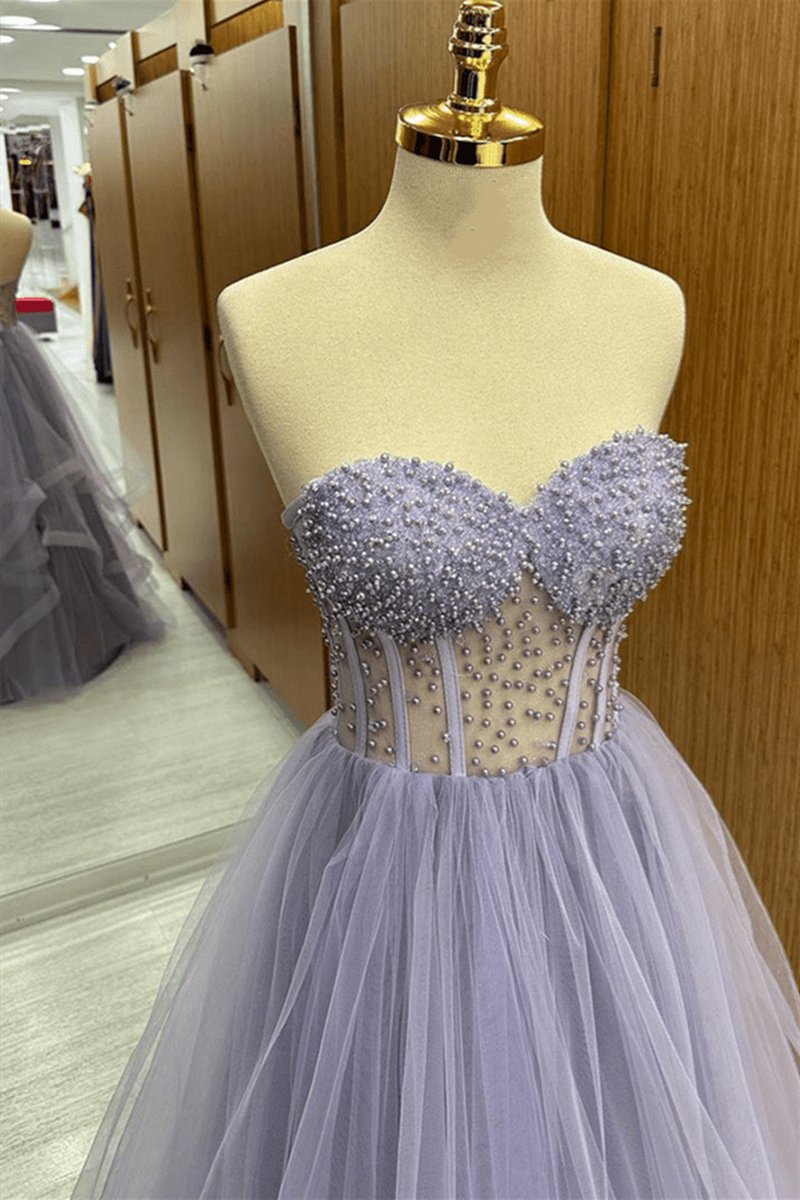 Strapless Beaded Ruffle-Layers Tulle Long Prom Dresses
