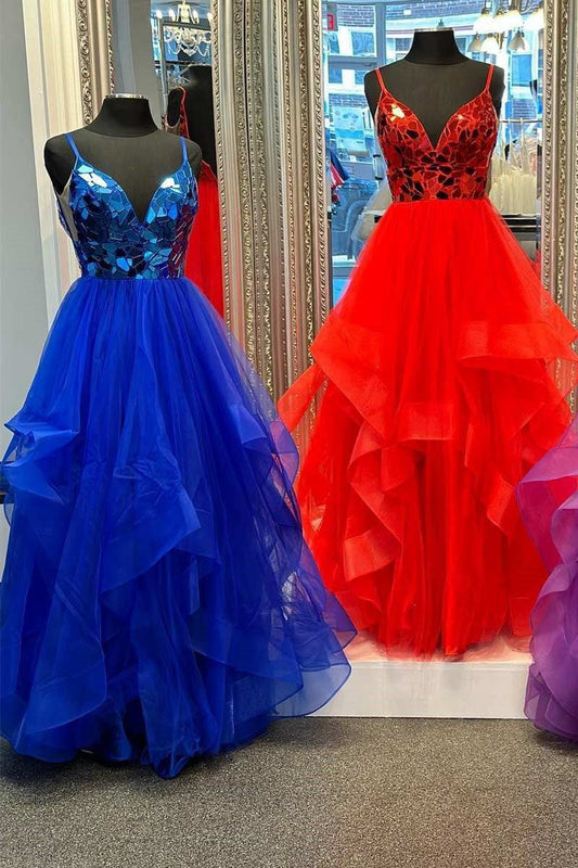 A-line V-Neck Mirror-Cut Sequins Ruffle Layered rs Long Prom Dresses