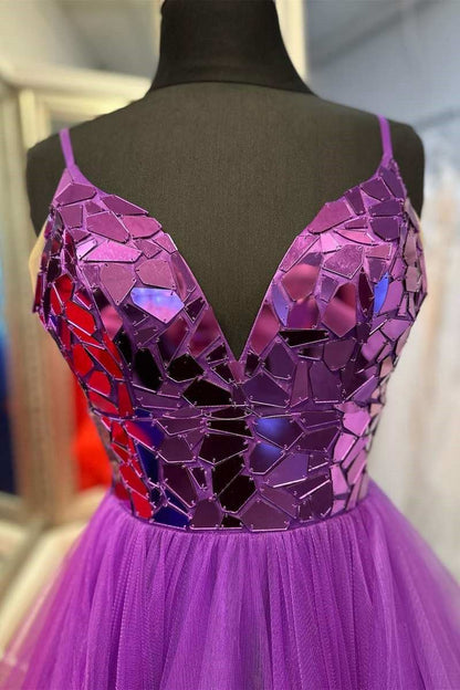 A-line V-Neck Mirror-Cut Sequins Ruffle Layered rs Long Prom Dresses