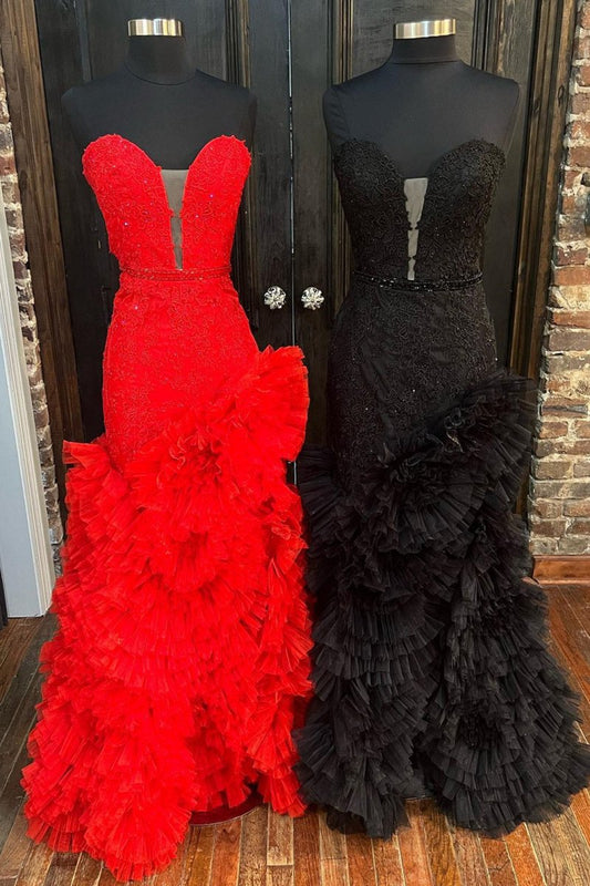 Strapless Cut-Out Back Ruffle Layered rs Mermaid Prom Dresses