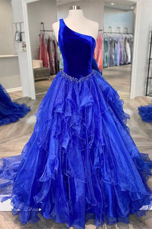 Ruffle One Shoulder Velvet Top Long Formal Dresses