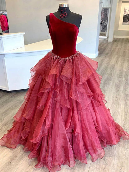 Ruffle One Shoulder Velvet Top Long Formal Dresses