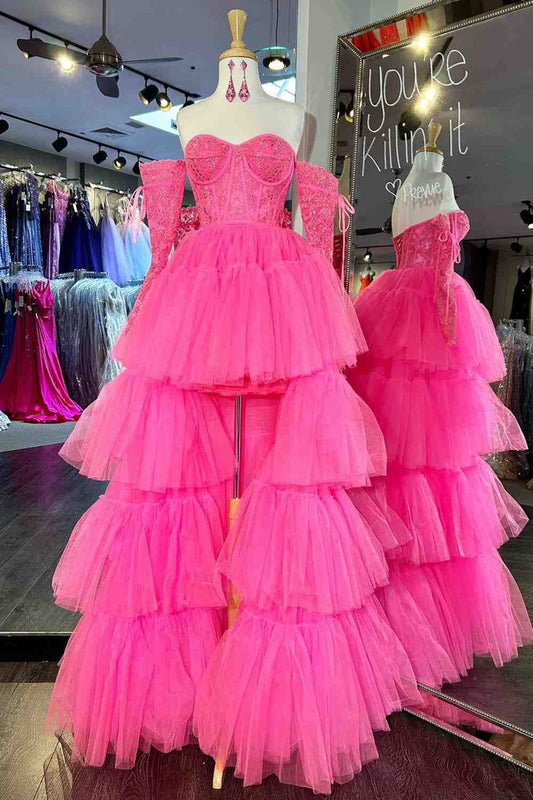 Off-Shoulder A-line Tulle Layered rs Applique Hi-Low Prom Dresses