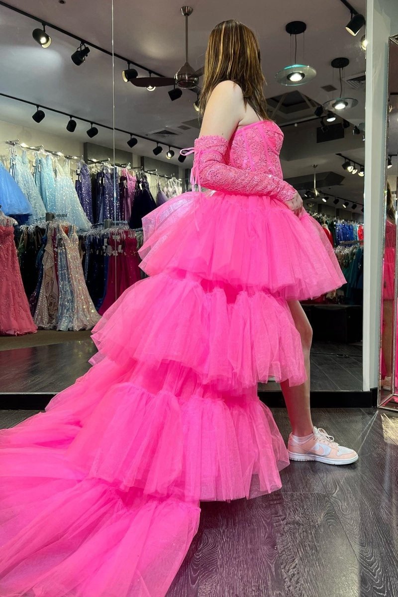 Off-Shoulder A-line Tulle Layered rs Applique Hi-Low Prom Dresses