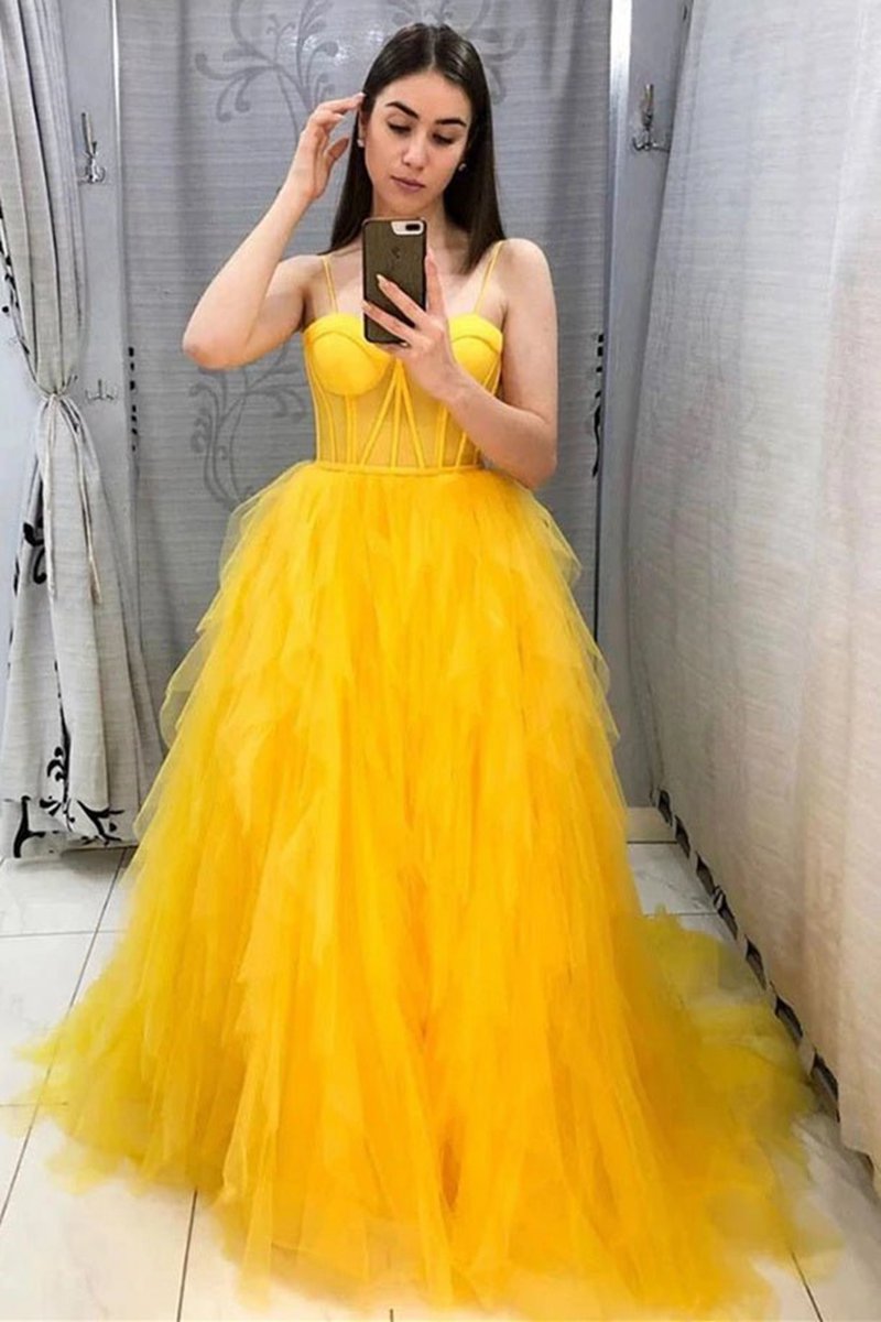 Spaghetti Straps Tulle Long Formal Dresses