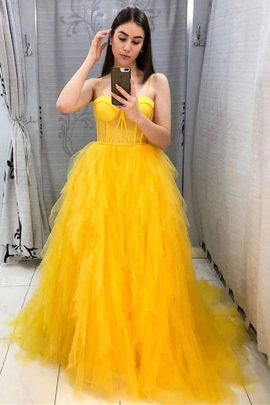 Spaghetti Straps Tulle Long Formal Dresses
