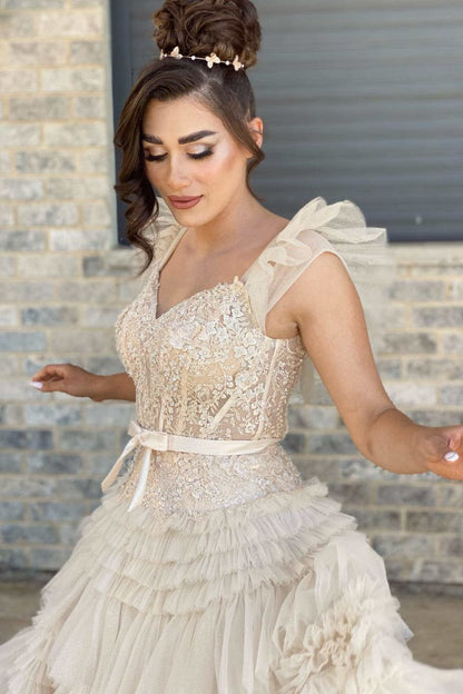 V-Neck Appliques Tie Tulle Prom Dresses with Flying Sleeves
