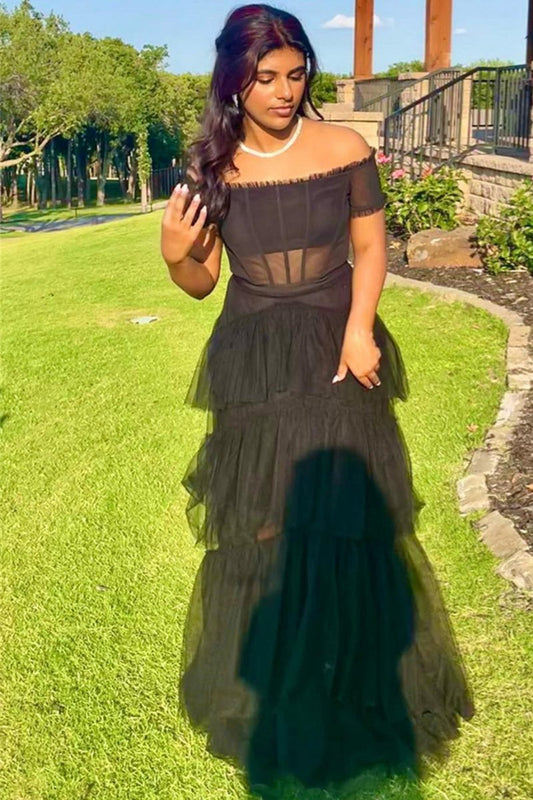 Off the Shoulder Tie Tulle Lond Prom Dresses