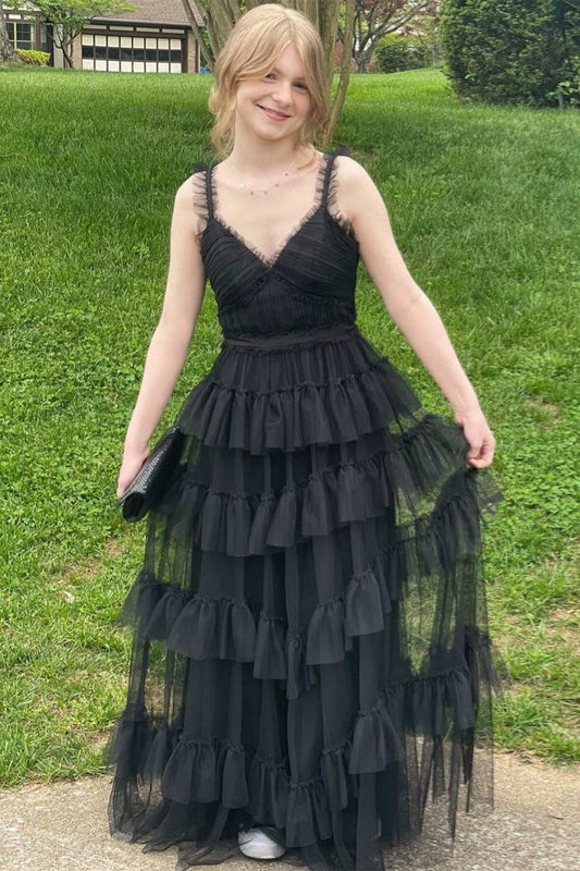 V-Neck Layered Tulle A-line Prom Dresses