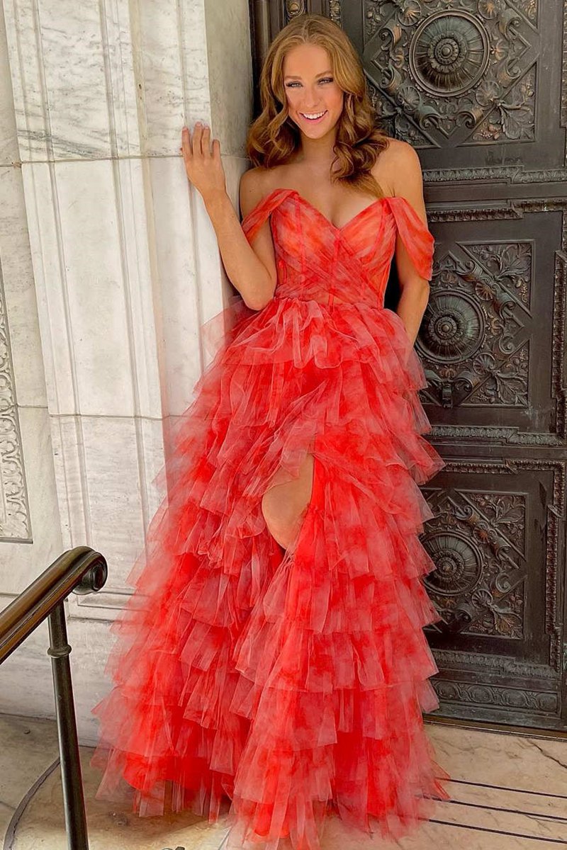 Off the Shoulder Coral Print Tie Long Prom Dresses