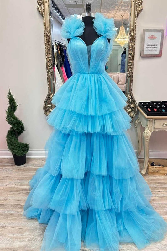 Ruffle Straps A-line Tie Prom Dresses