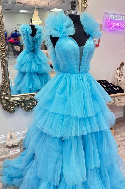 Ruffle Straps A-line Tie Prom Dresses