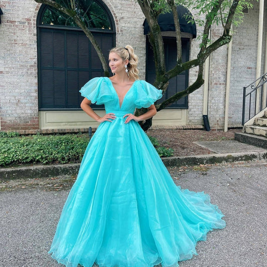 Plunge V Ruffled Sleeve A-line Long Formal Dresses