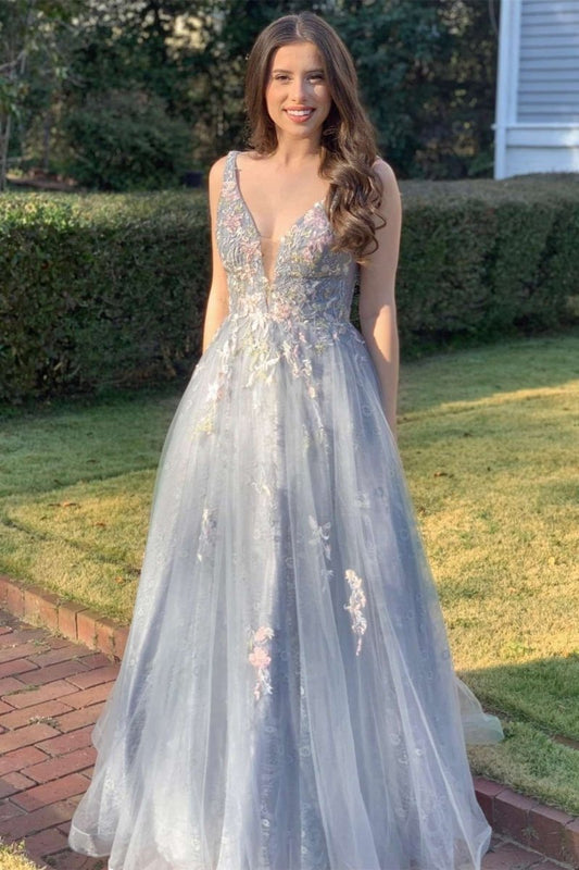 Light Tulle Appliques V-Neck A-line Long Prom Gown