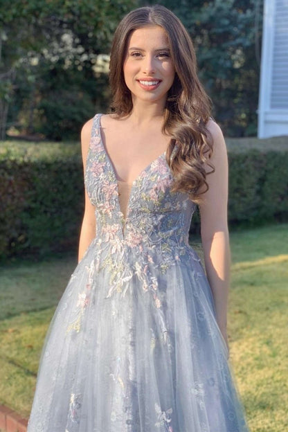 Light Tulle Appliques V-Neck A-line Long Prom Gown