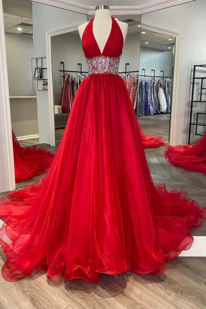 Beaded Halter Backless A-line Long Prom Gown