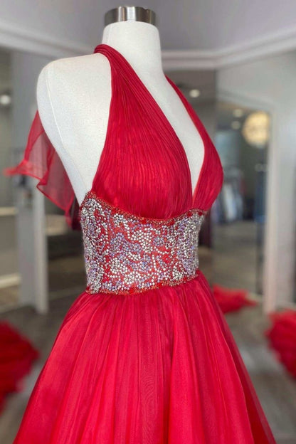 Beaded Halter Backless A-line Long Prom Gown