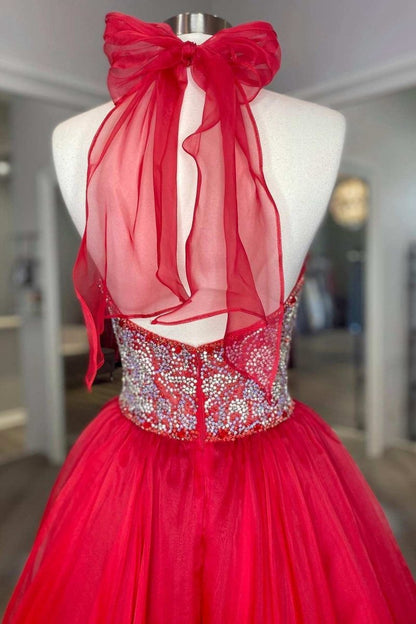 Beaded Halter Backless A-line Long Prom Gown