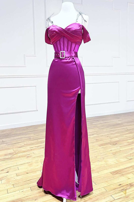 Sweetheart Belted A-line Prom Dresses with Slit