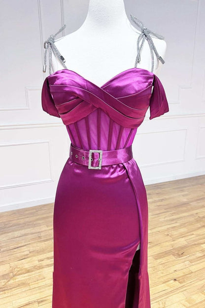 Sweetheart Belted A-line Prom Dresses with Slit