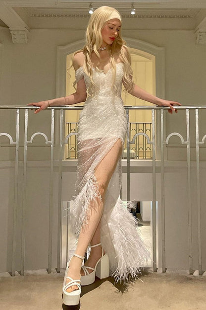 Sequin Feather Off-the-Shoulder Maxi Dresses with Slit
