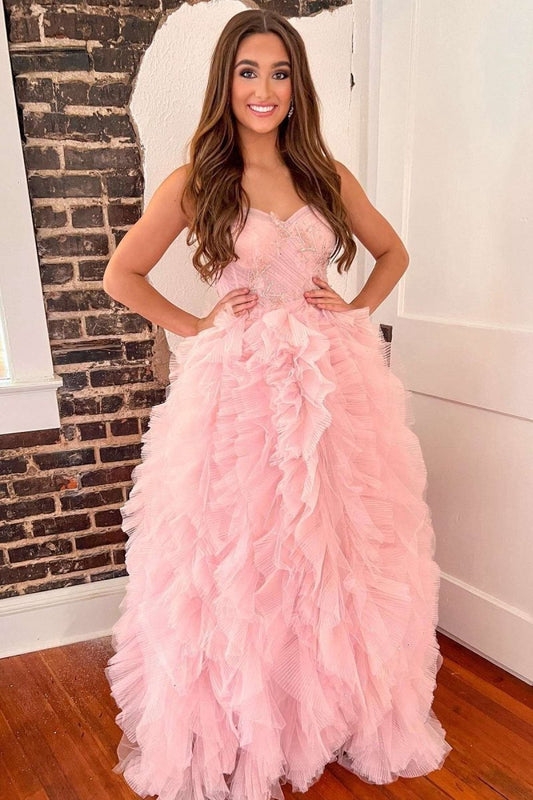 Beaded Strapless Tie Prom Dresses with Ruffles