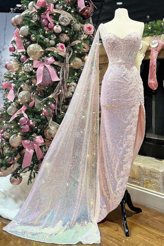 Sequin Lace Sweetheart High-Low Prom Dresses with Attached Train