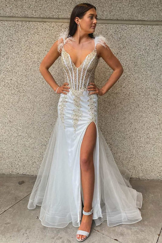 Beaded Feather V-Neck Mermaid Long Formal Dresses with Slit