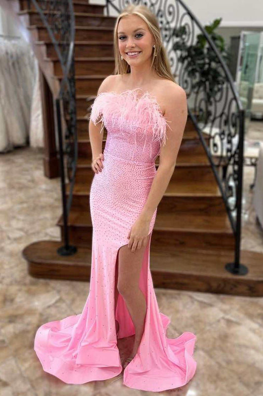 Beaded Feather Strapless Lace-Up Mermaid Long Prom Dresses