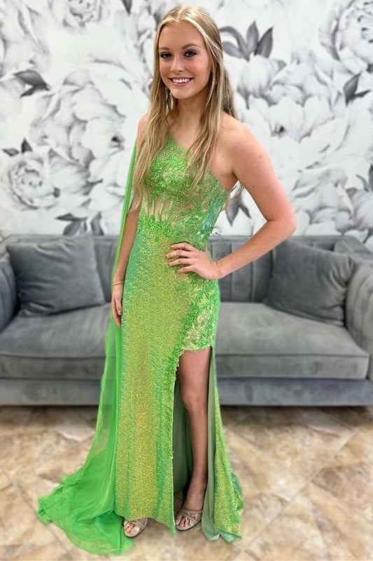 Sequin Lace One-Shoulder Long Formal Dresses with Attached Train