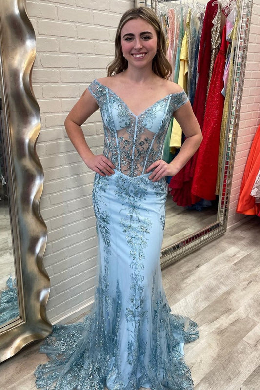 Sheer Mesh Lace Off-the-Shoulder Trumpet Long Prom Gown