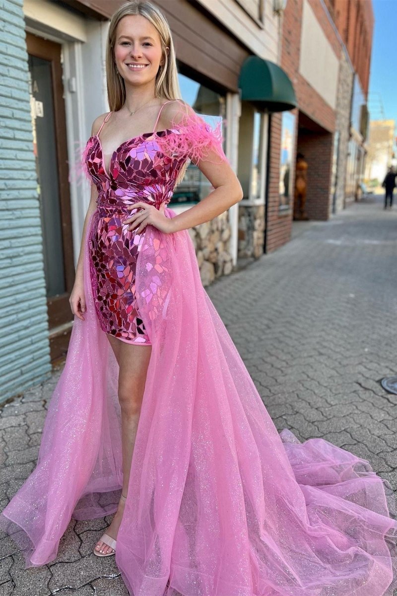 Cut Glass Mirror Cold-Shoulder Short Party Dresses with Attached Train