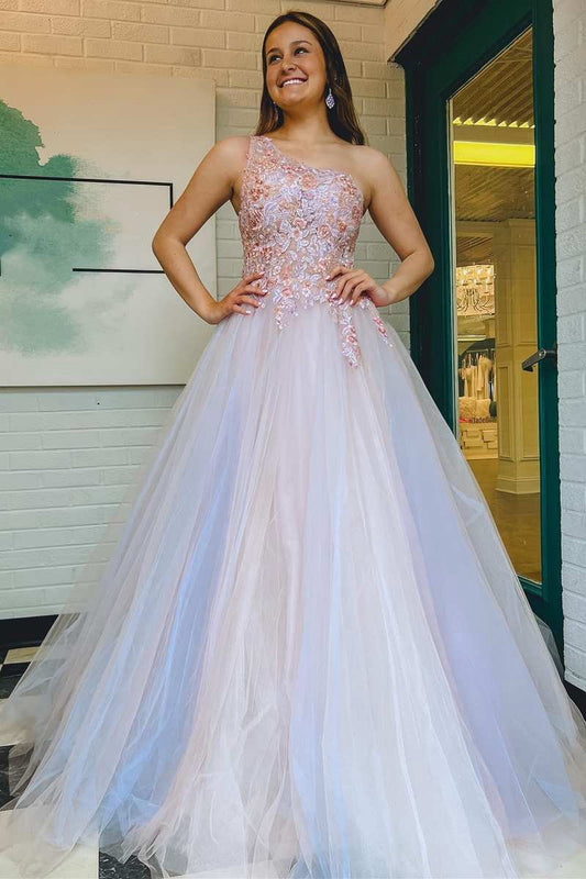 Ombre Tulle Floral Lace One-Shoulder A-line Long Prom Dresses