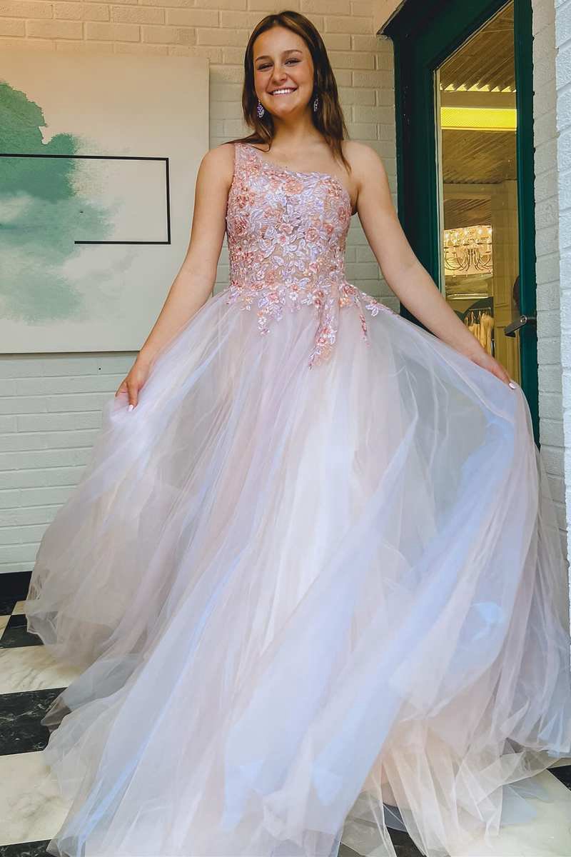 Ombre Tulle Floral Lace One-Shoulder A-line Long Prom Dresses