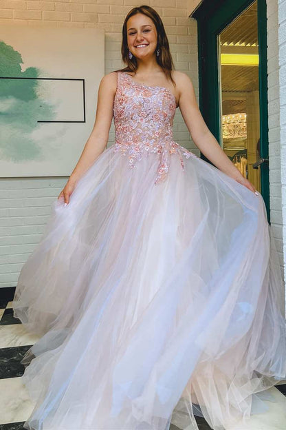 Ombre Tulle Floral Lace One-Shoulder A-line Long Prom Dresses