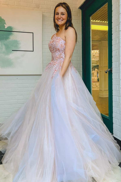 Ombre Tulle Floral Lace One-Shoulder A-line Long Prom Dresses