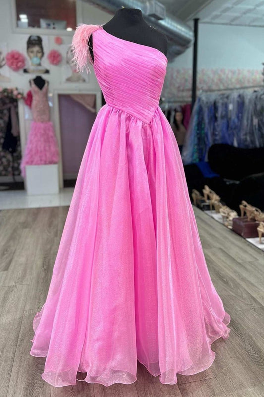 Feather One-Shoulder Ruching A-line Long Prom Dresses