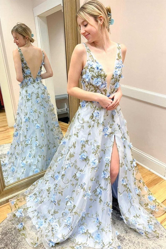 Organza Plunge V A-line Long Prom Dresses with 3D Floral Lace