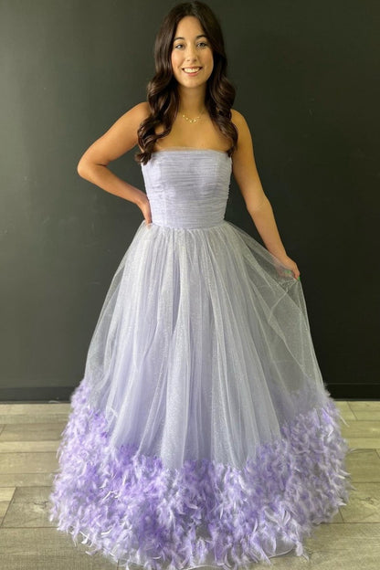 Strapless Pleated A-line Prom Dresses with Feathers