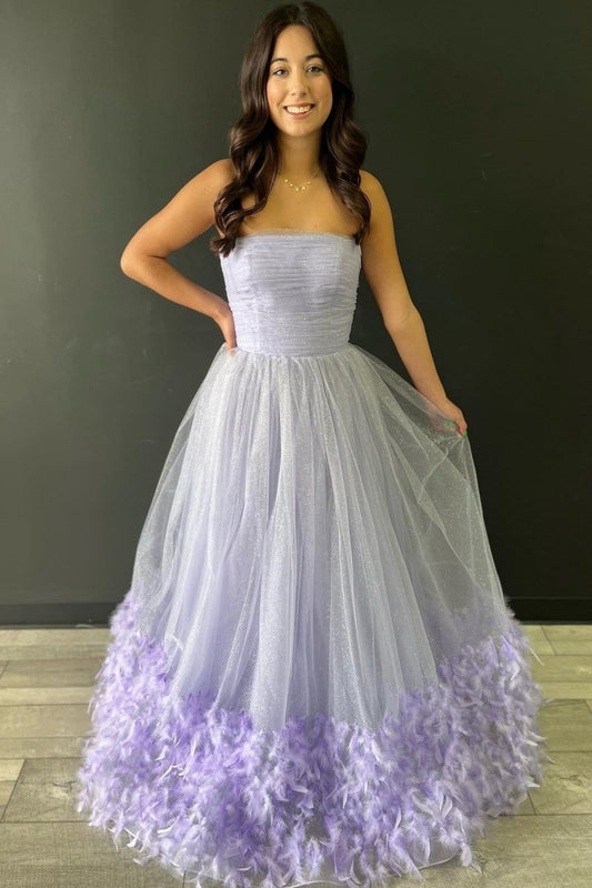 Strapless Pleated A-line Prom Dresses with Feathers