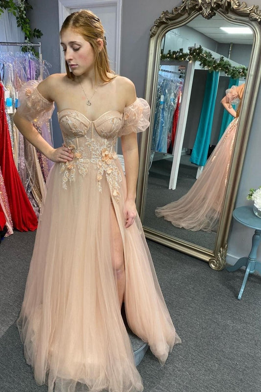 Tulle 3D Floral Lace Sweetheart A-line Prom Dresses with Slit