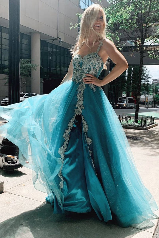 Turquoise Tulle Floral Appliques Sweetheart A-line Prom Gwon