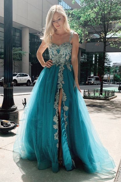 Turquoise Tulle Floral Appliques Sweetheart A-line Prom Gwon