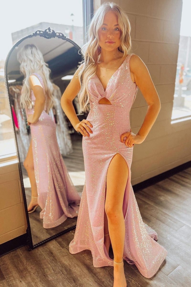 Sequin Keyhole Open Back Mermaid Long Dresses with Slit
