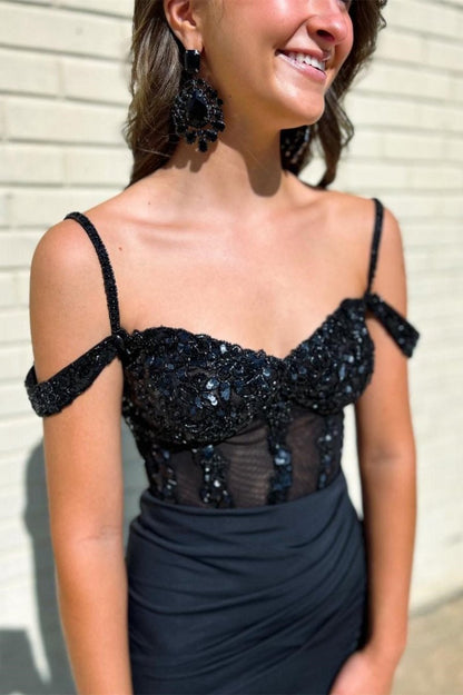 Sequin Cold-Shoulder Mermaid Long Formal Dresses with Slit