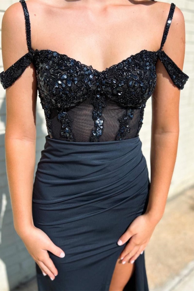 Sequin Cold-Shoulder Mermaid Long Formal Dresses with Slit
